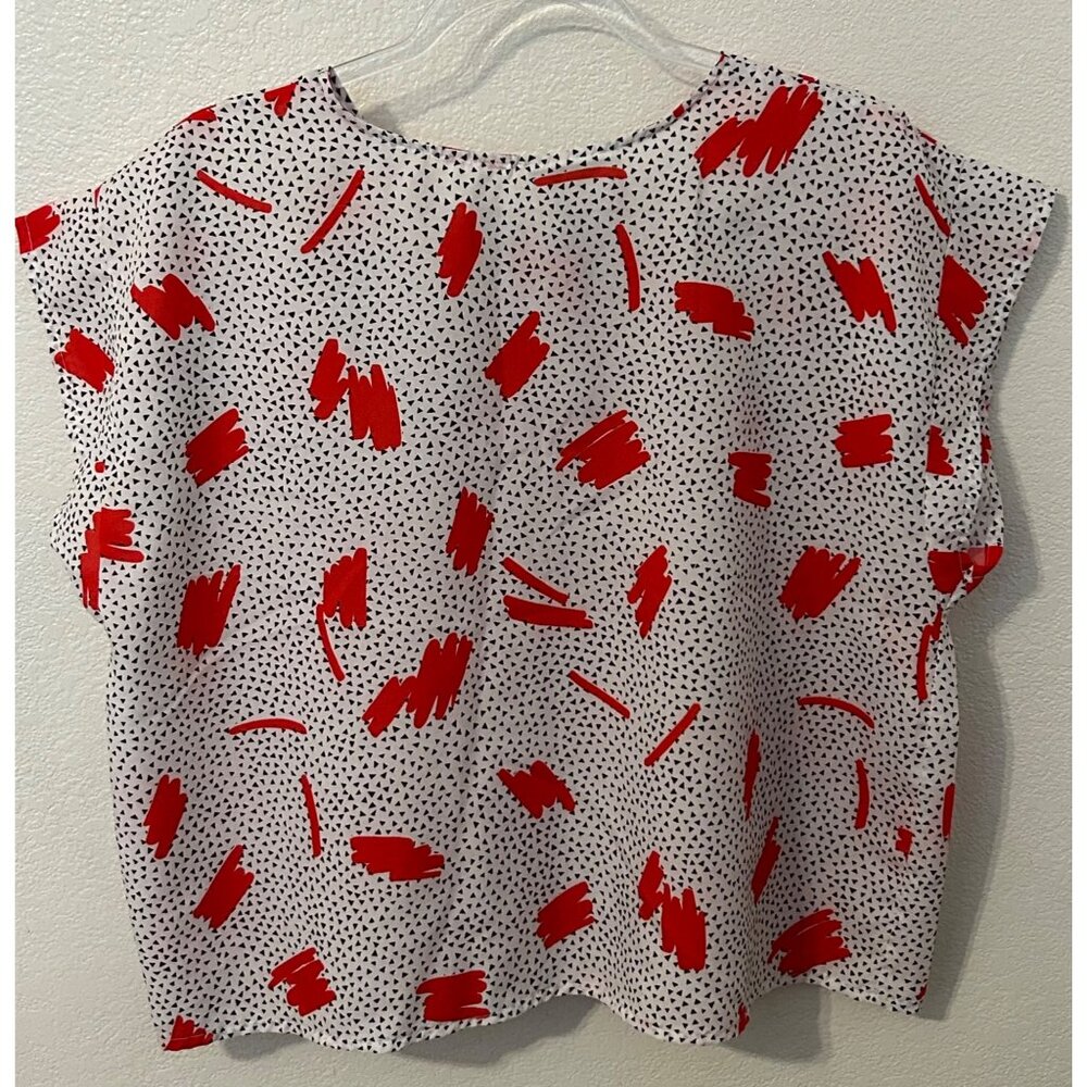 Vintage Rhapsody 1980s Print Womens White Red & Black Abstract Print Blouse FLAW - Picture 4 of 8